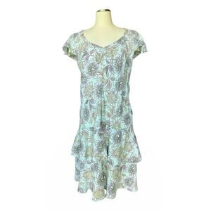 Cut Loose Linen Midi Dress Size XL Floral Flutter Sleeve Tiered Seafoam Green